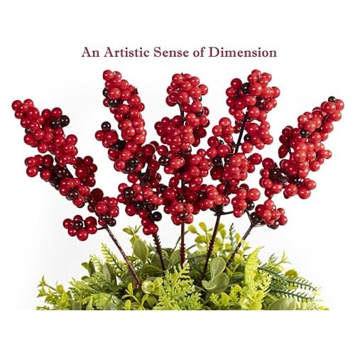 Artificial 32 Pcs Red Berry Stems, Holly Berry Stems Xmas Red Berry Picks with Fruit Clusters for Christmas Tree Decor Wreath Garland DIY Crafts Home Holiday Wedding Decoration (Two-Tone Red)