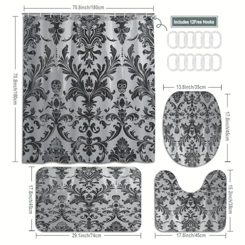 Gothic Black Damask 4-Piece Bathroom Set with Shower Curtain & Rugs