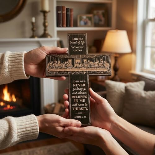 12-Inch Wooden Cross Wall Decor - Christian Last Supper Art with Adhesive