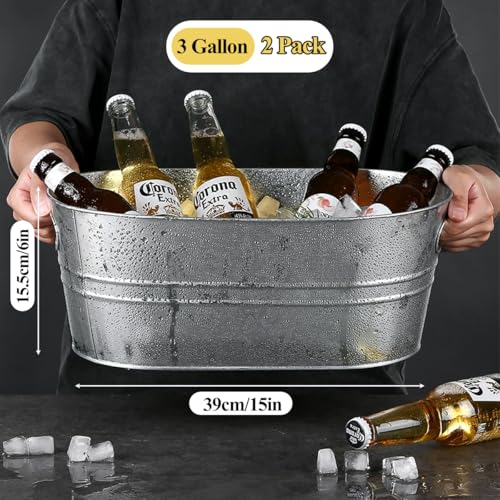 Galvanized Metal Ice Bucket 3 Gallon Beverage Tub with Handles (2 Pack)