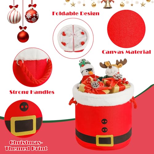 Medium Red Santa-Themed Christmas Storage Basket with Handles – 11.8" Square, Plush Fur Rim
