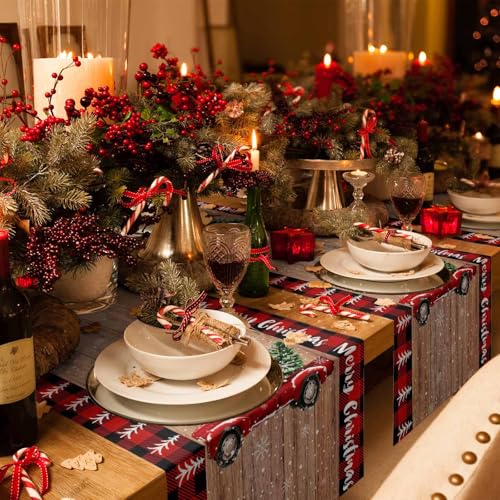 PIEPLE Christmas Red Truck Table Runner 13x36 Inch Farmhouse Holiday Decor