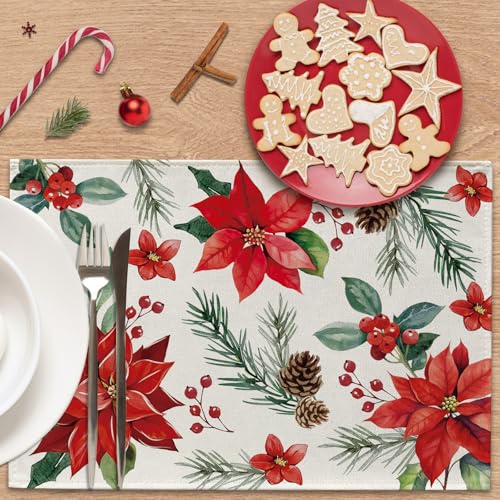 Christmas Poinsettia Placemats Set of 4 - Holiday Red Flower Table Decor