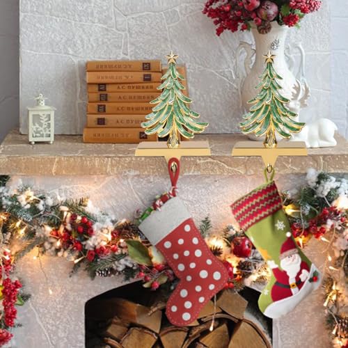 2-Piece Glitter Christmas Tree Stocking Holders for Mantle, Gold & Green