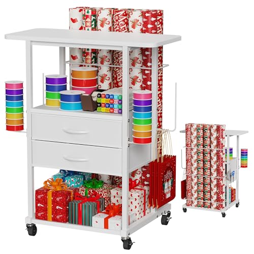 Rolling Gift Wrapping Paper Storage Cart with Fabric Drawers and Hooks