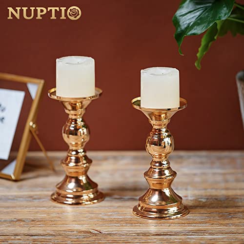 NUPTIO 10Pcs Gold Pillar Candle Holders Set, 6in Centerpiece Stands for 2in Candles