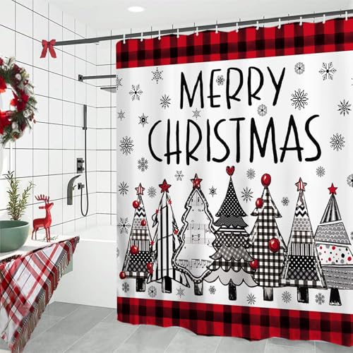 Baccessor Merry Christmas Tree Shower Curtain 72x72 in, Red Buffalo Plaid Snowy Trees Waterproof