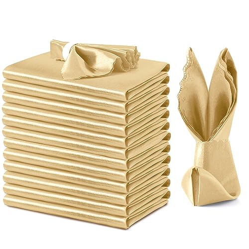 12 Pack Gold Satin Napkins 12x12 Inch, Scalloped Edge Cloth Dinner Napkins