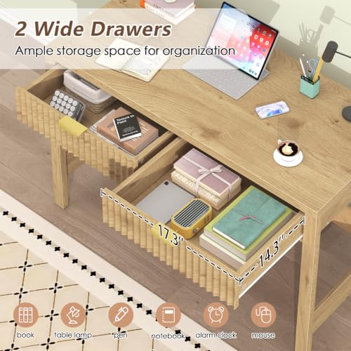 39-Inch Small Fluted Computer Desk with 2 Drawers, Oak Writing Desk