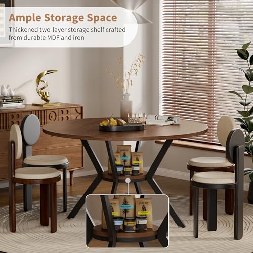 42" Round Farmhouse Dining Table with Storage Shelf & Metal Legs