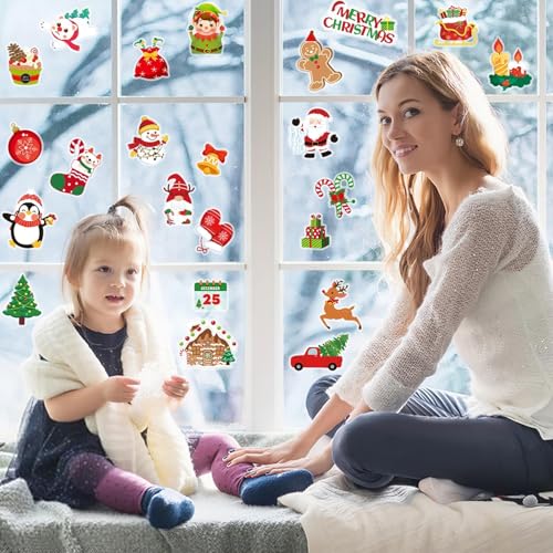 MARFOREVER 50 Pcs Christmas Window Gel Clings – Merry Christmas Design Kit