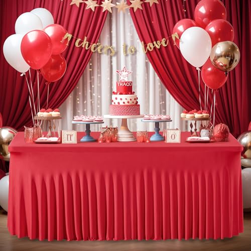 Wish Care 8FT 6 Pack Red Spandex Tablecloths – Fitted, Wrinkle-Free, 96L x 30W x 29H Table Covers for Banquets, Weddings & Events