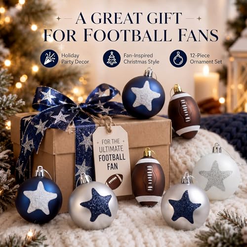 Norme 12 Pack Football Christmas Ornaments 2.4-inch Blue & White Team Decor