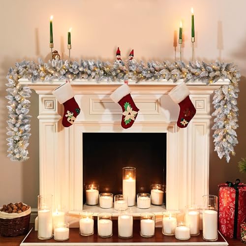 Snow Flocked 9ft Battery-Operated Pre-Lit Christmas Garland with Warm LEDs