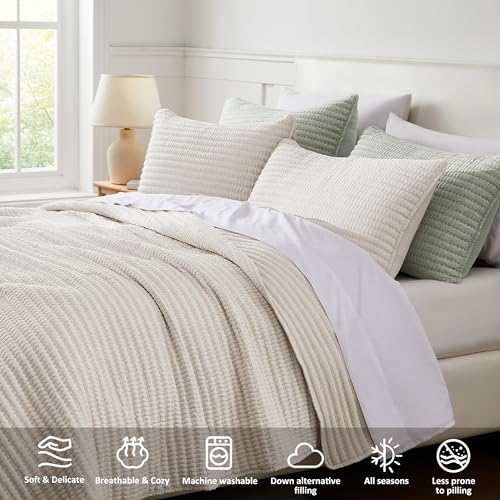 WDCOZY Beige Pick Stitch Twin Quilt Set - Lightweight All-Season Coverlet