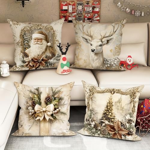 KOBERR Cream 18x18 Inch Holiday Throw Pillow Covers Set of 4 Vintage Christmas Linen