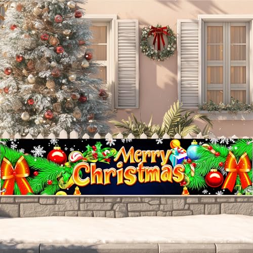 Merry Christmas Banner 78x17 in Pine Bough Bow Balls Candy - BlissYard #005