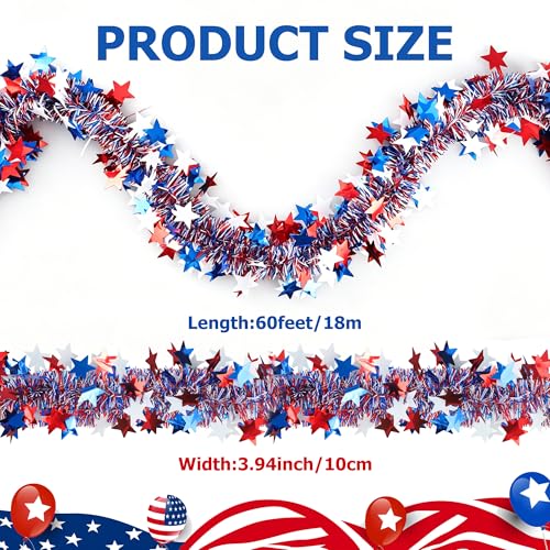 60ft Patriotic 4th of July Tinsel Garland - Red White Blue Star Decor