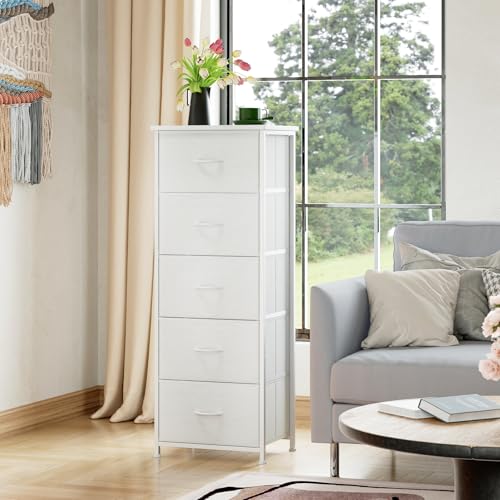 5-Drawer Tall Fabric Dresser Storage Cabinet with Wood Top - White