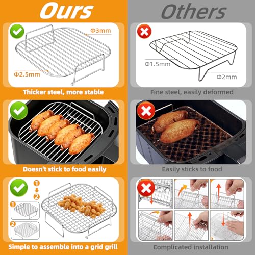 8-Inch Stainless Steel Stackable Air Fryer Racks - 2-Piece Square Grill Set
