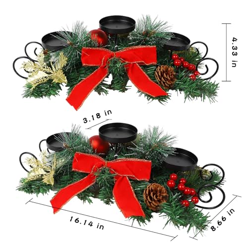 Christmas Candle Holder Centerpiece Table Decor with Berries & Pinecones