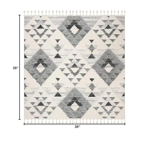 SAFAVIEH Moroccan Tassel Shag Collection Area Rug - 3' Square, Ivory & Grey, Boho Design, Non-Shedding & Easy Care, 2-inch Thick Ideal for High Traffic Areas in Living Room, Bedroom (MTS688F)
