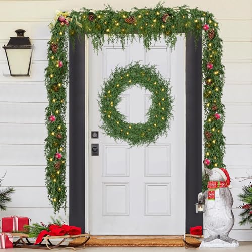 Cypress 9FT Artificial Christmas Garland with Lights - Indoor Outdoor Decor