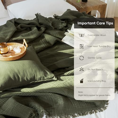 100% Cotton Muslin Blanket - Soft Lightweight 4-Layer Throw, Olive Green, 108" x 98"