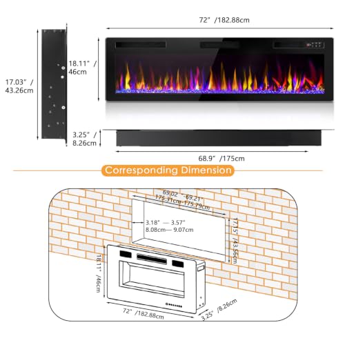 72-Inch Ultra-Thin Electric Fireplace Recessed Wall Mounted Linear Heater