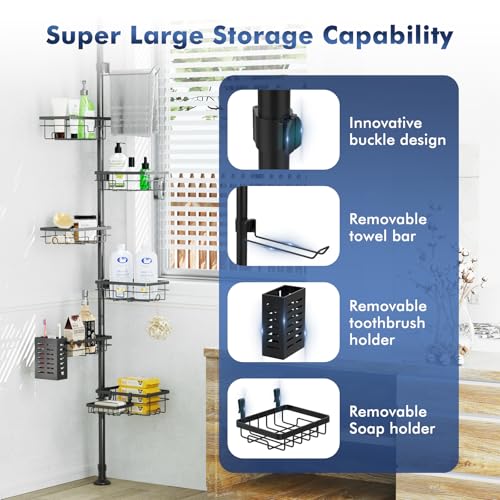 6-Tier Tension Pole Shower Caddy, Adjustable Corner Bathroom Storage Rack