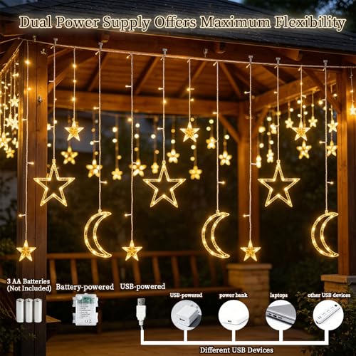 Moon Star Curtain String Lights 11.5ft 120LED with White Variation – Battery or USB Powered