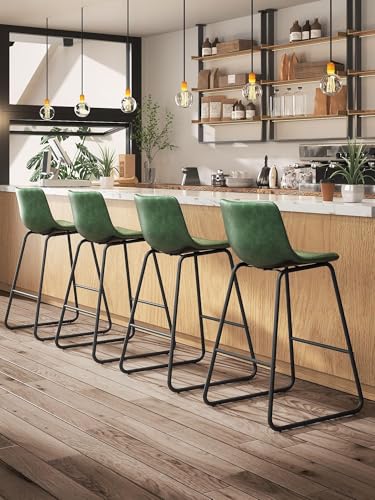 26-Inch Counter Height Bar Stools, Set of 3, Green Faux Leather with Backrest