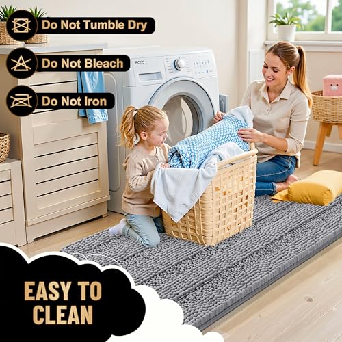 OLANLY Striped Chenille Bath Rug 30x20 Grey Absorbent Rubber Backing