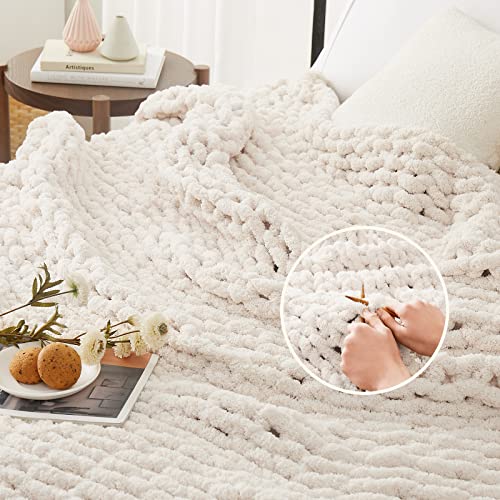 L'AGRATY Chunky Knit Throw Blanket 50" x 60" - Soft Handmade Chenille (Ivory)