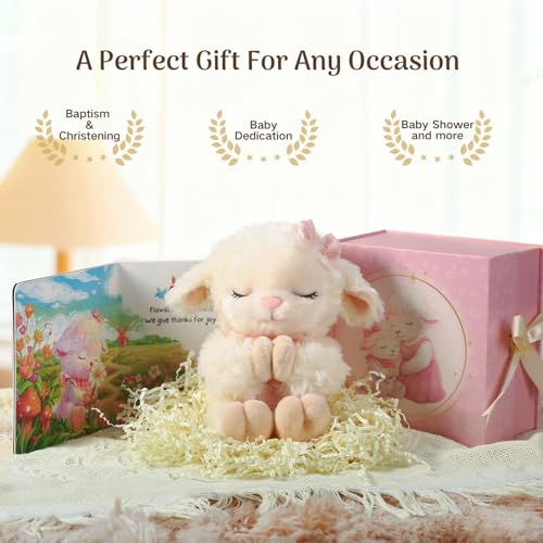 Catholic Baptism Gift Set for Baby Girls - Musical Lamb Plush & Book Box