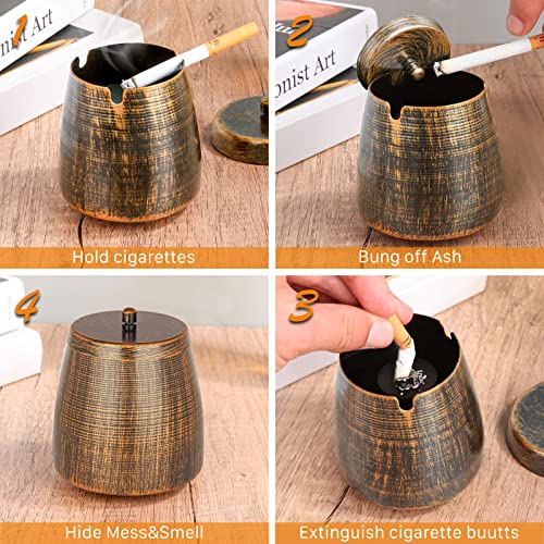 Small Retro Metal Ashtray with Lid - Windproof Outdoor Patio Ashtray