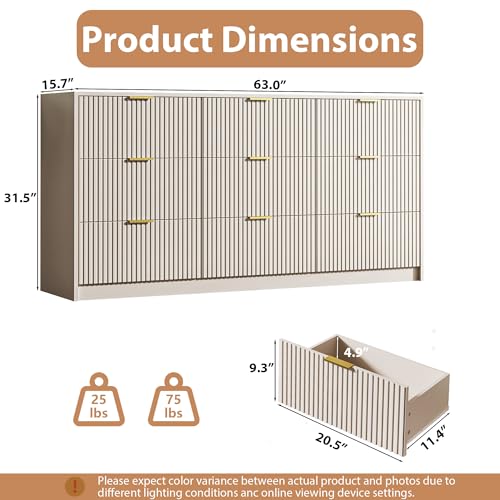 3-Piece Bedroom Dresser & Nightstand Set, 9-Drawer Chest with Gold Handles
