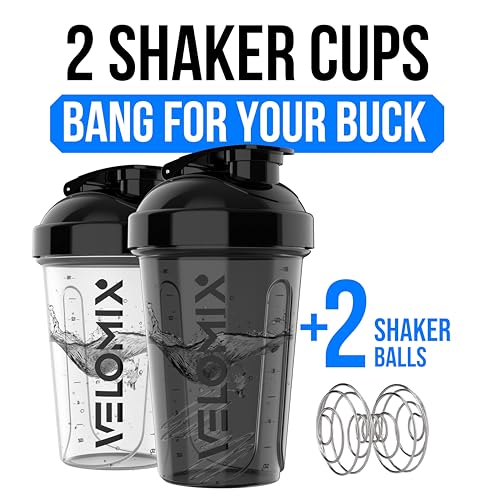 VELOMIX 2 Pack 20oz Protein Shaker Bottle with Wire Whisk