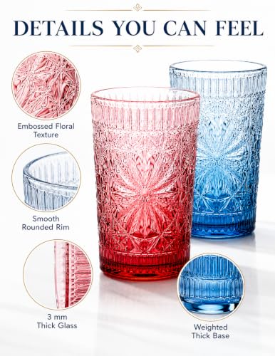 Vintage Embossed Gradient Glass Drinking Cups, 13 oz Set of 6