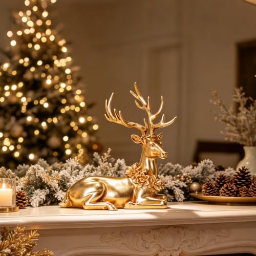 Gold Sitting Deer Figurine - 10 Inch Holiday Home Decor Ornament