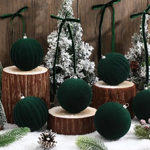 Green Velvet Christmas Balls & Bows Set - 12 4-Inch Ornaments + 24 Pre-Tied Bows