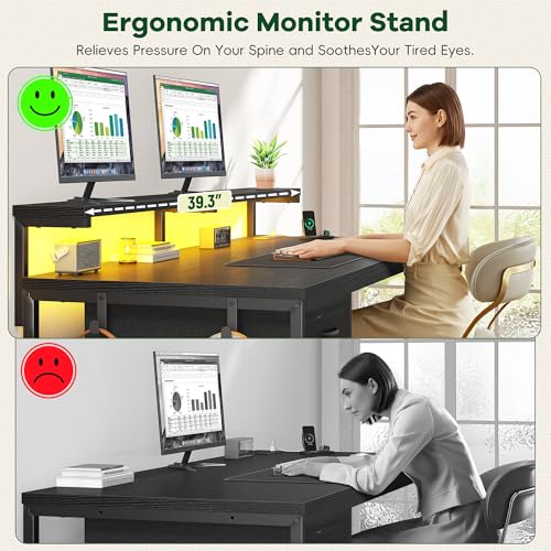 39-Inch Gaming Desk with LED Lights, Power Outlets, and Monitor Stand