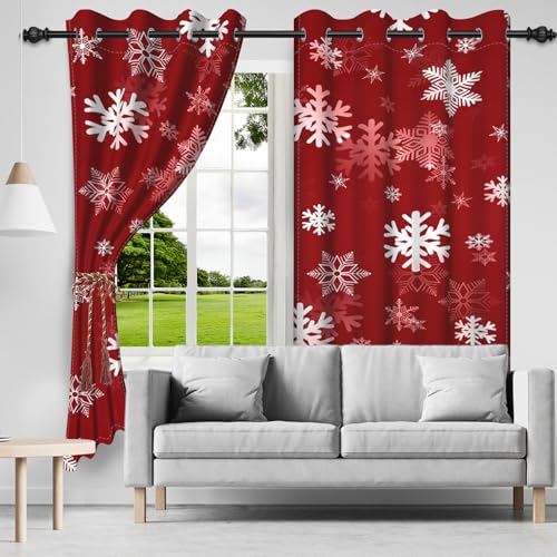 Red Christmas Snowflakes Blackout Curtains 52x84 in (Pack of 2) | Washable