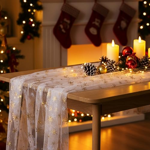 White and Gold Snowflake Gauze Table Runner 120" – Windkream, 3 Pcs Seasonal Decor