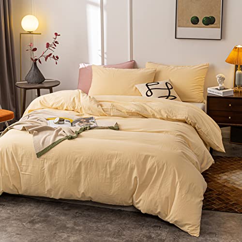 Ultra-Soft 100% Washed Cotton Duvet Cover Set - Queen, Cream Yellow