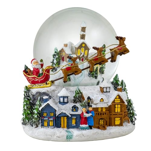 Santa Snow Globe with Reindeer Flying Over Village - 6.5 Inch Christmas Decor