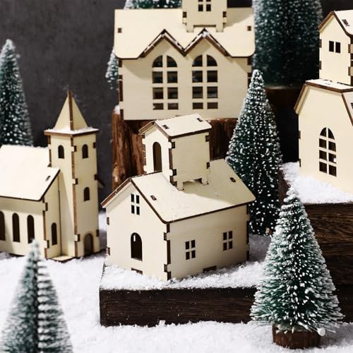 Hiboom 24 Pcs DIY Christmas Village Sets – Church/12Pcs 4 Styles Wood Rustic Mini Houses