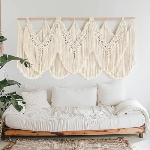 Large Macrame Wall Hanging 47" x 25" - Boho Woven Cotton Tapestry Decor