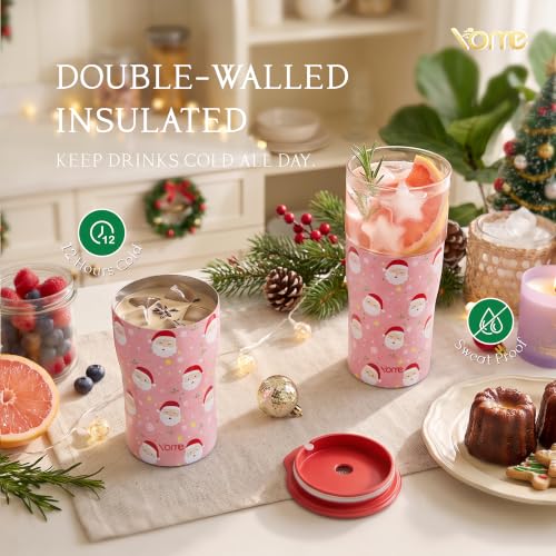 Christmas Insulated Glass Tumbler with Lid & Straw - 20oz Stainless Steel Iced Coffee Cup Gift