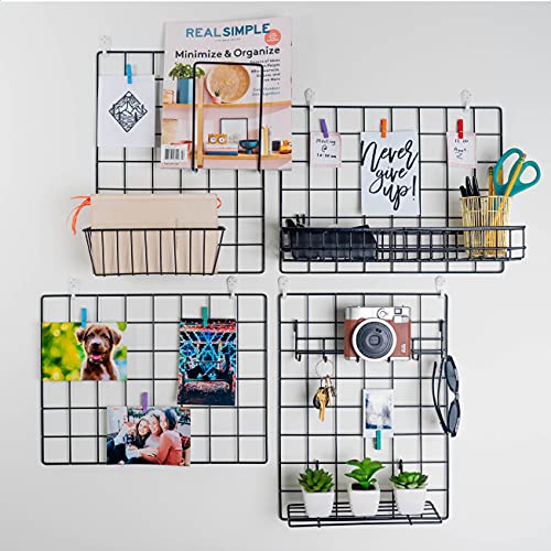 2-Pack Metal Wire Wall Grid Panels with Hanging Basket, Shelf and Hooks